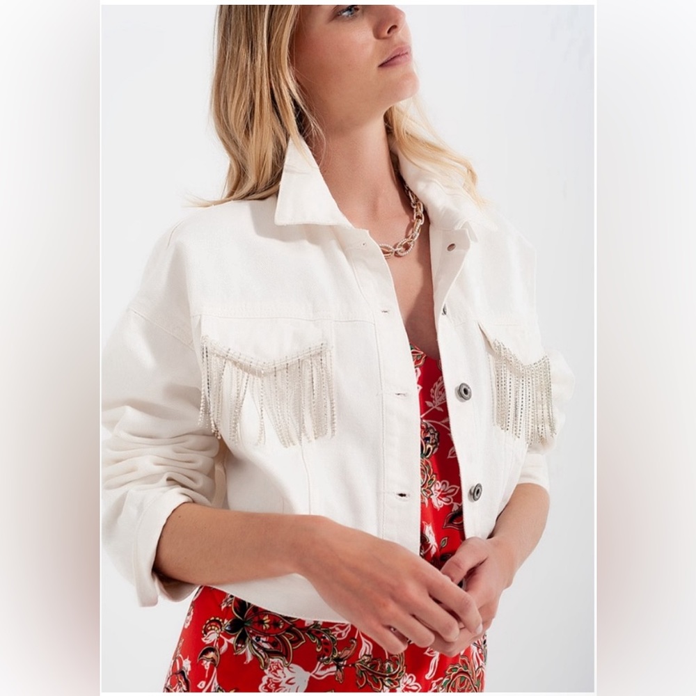 NWT White Fringe Diamond White Jean Denim Jacket